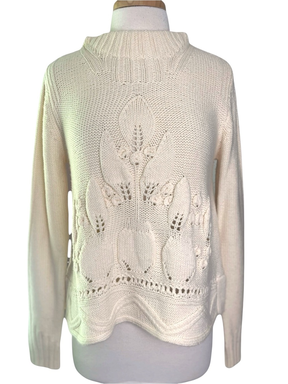 Anthropologie Rosie Neira Cloudleaf Funnel Neck Sweater Size XL Ivory 3D Knit